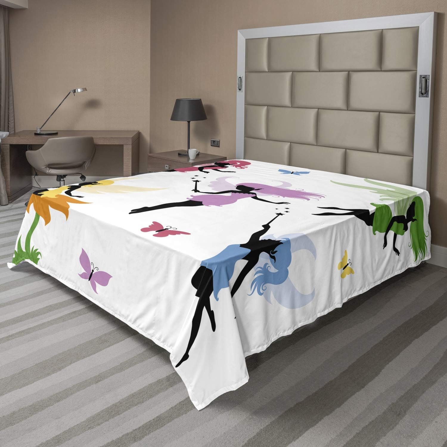 Ambesonne Fantasy Flat Sheet, Pixie Elf Fairies Flying with Butterflies Girls Cartoon Flowers Design, Soft and Comfortable Top Sheet Decorative Bedding 1 Piece, Full Size, Multicolor