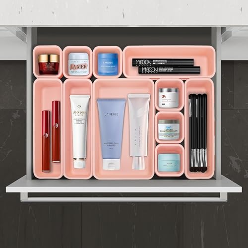 Miniatura 14 de 22 bandejas de organizador de cajones de escritorio con 3 tamaños diferentes, organizador multiusos de cajón de escritorio para cocina, baño, Rosa