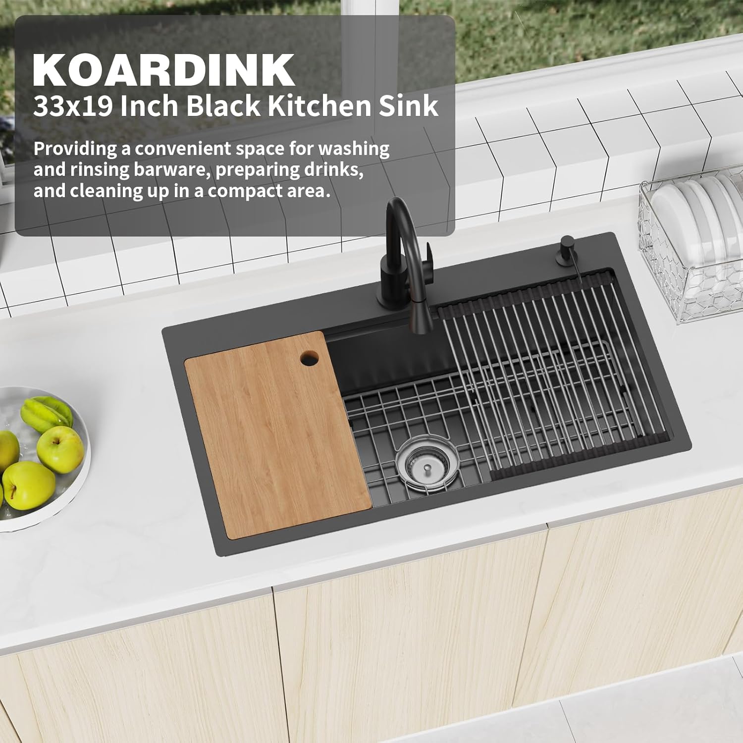 black kitchen sink workstation, 33x19 in stainless steel drop in kitchen sink modern large single bowl sink gift combo-ss grid,drying rack,ss colander,cutting board,drain assembly for various kitchen 33x19 black workstation sink