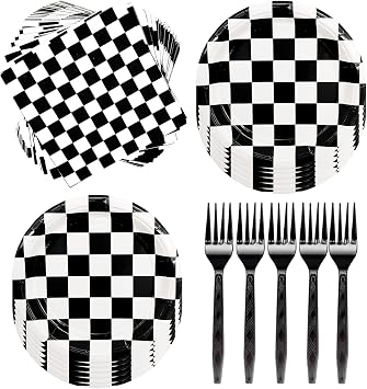 60Pcs Race Car Black and White Checkered Party Supplies - Racing Tableware Set with 7" Plates, Checkered Flag Napkins, Forks for Race Car Themed Birthday Party Decorations Serves 20