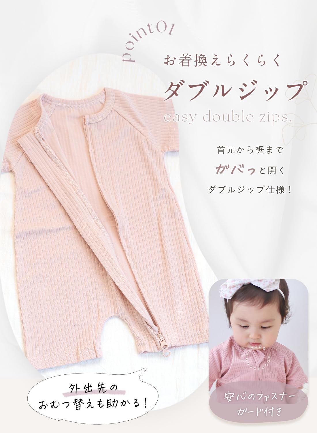 [Libaby] ベビー ロンパース ジップロンパース べビー服 ファスナー 半袖 ジップ 新生児 カバーオール 夏用 コットン 綿 - 3