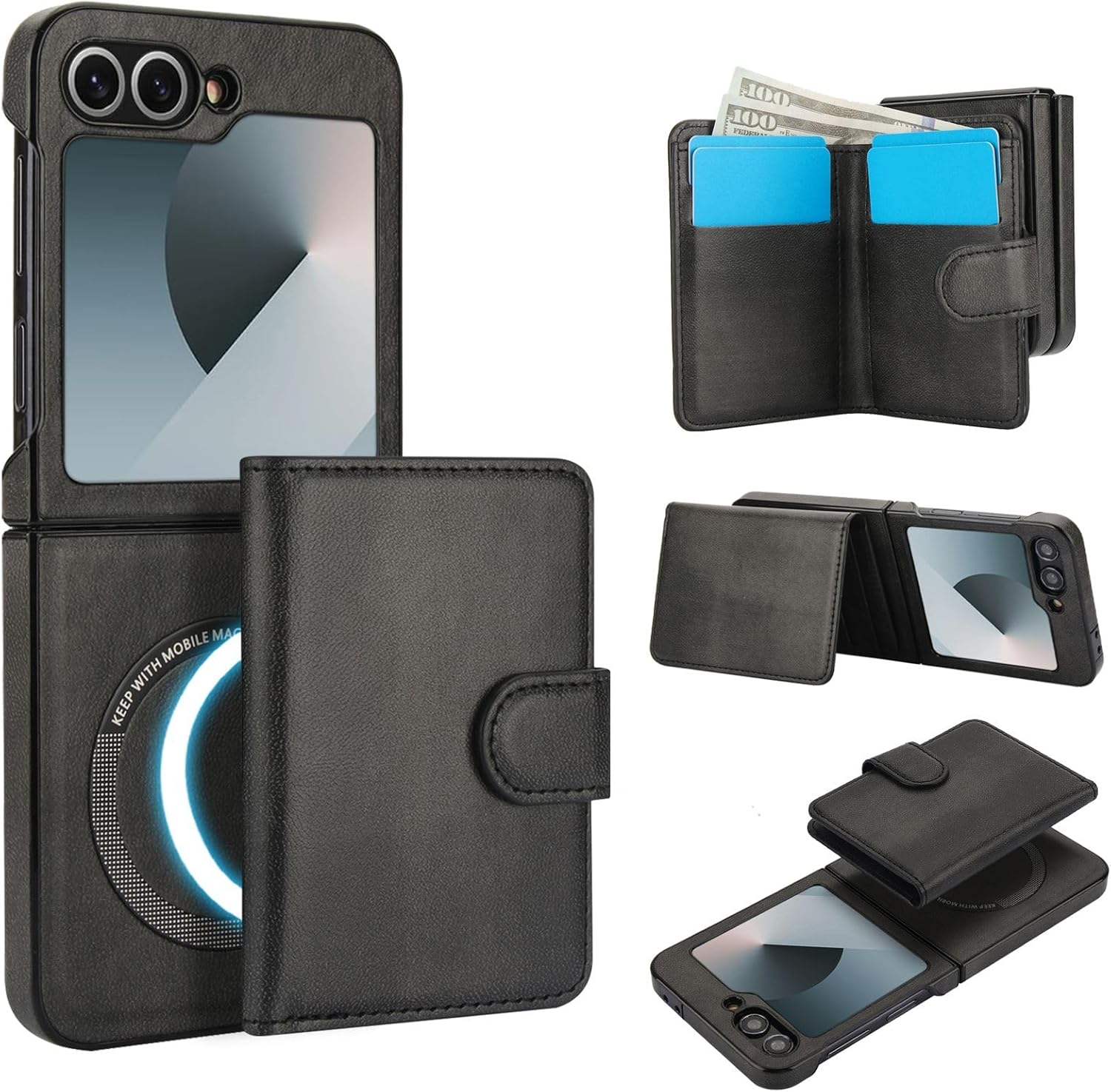 for Samsung Galaxy Z Flip 6 Case with 2 in 1 Detachable Magnetic Wallet, 4 Card Slots and Cash Slot,Compatible MagSafe, RFlD Blocking Premium PU Leather Wireless Charging-Black