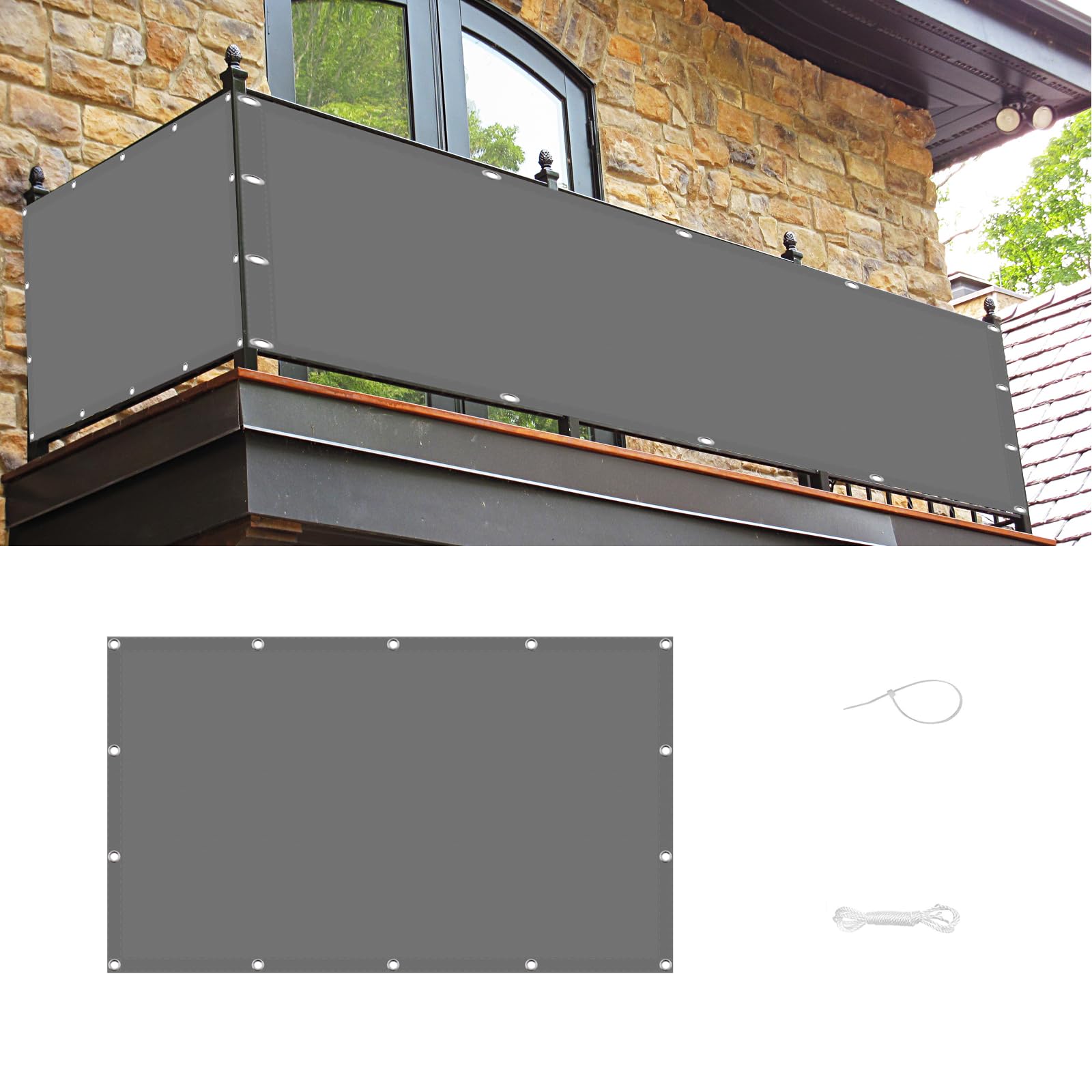 Frangivisto Balcone 60 x 400 cm Protezione UV, Antivento e Impermeabile Telo Ombreggiante, Frangivisto con Occhielli, Fascetta per Giardino, Grigio Chiaro