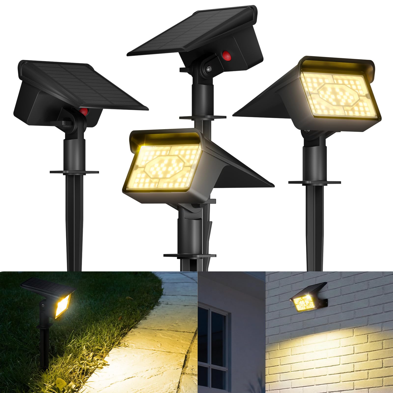 FLOWood Solarlampen, 3000K Warmweiß Solar Strahler 4 Stück,1500mAH IP68 Wasserdicht, für Außen, 3 Helligkeitsmodi Gartenleuchten für Garten, Außen Garten Rasen Auffahrt, Gehweg Patio