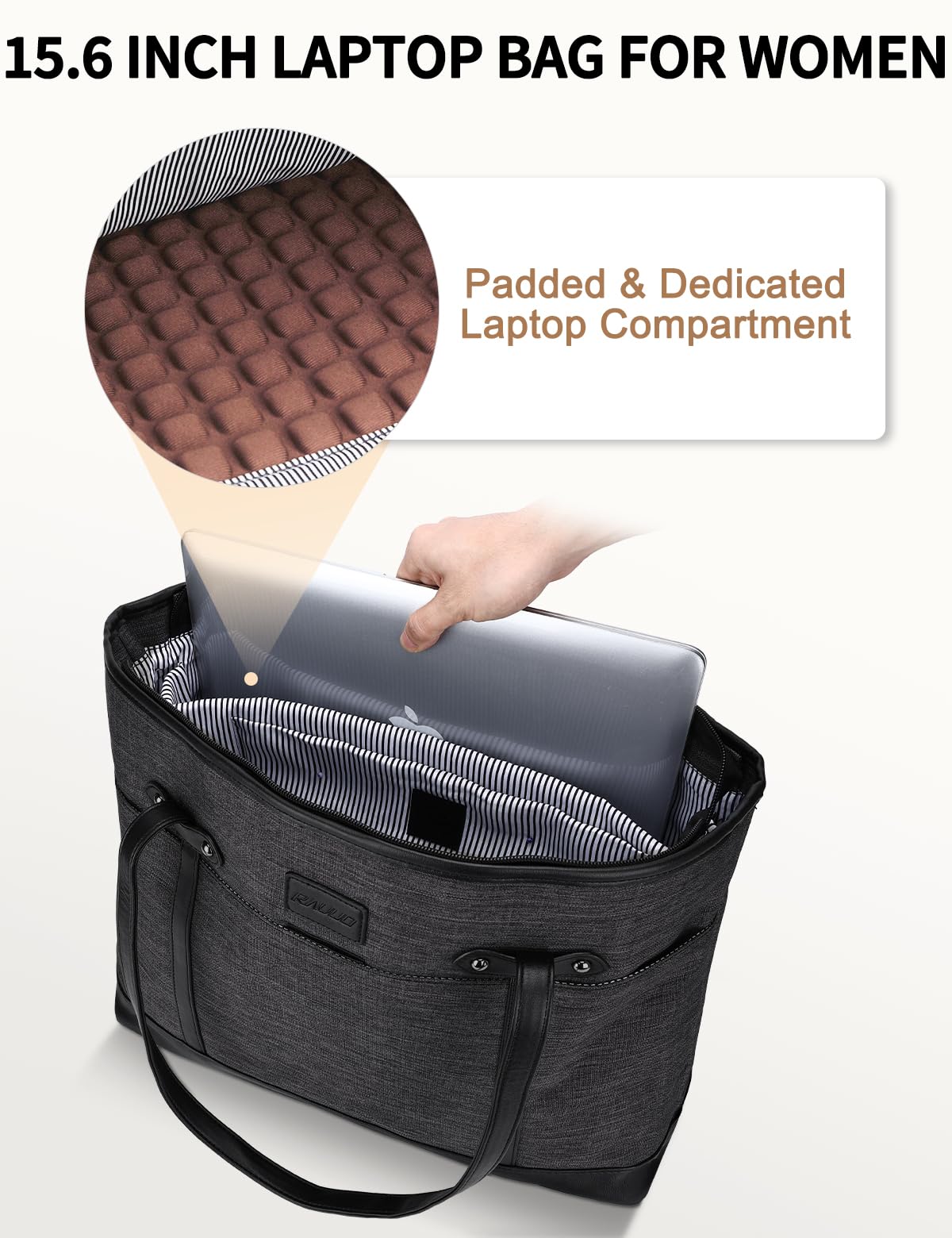 RAVUO Borsa Donna Grande, Elegante Laptop Tote Bag Università Borsa Lavoro Porta PC 15,6 Pollici Borse Tracolla Porta Business Ufficio Nera