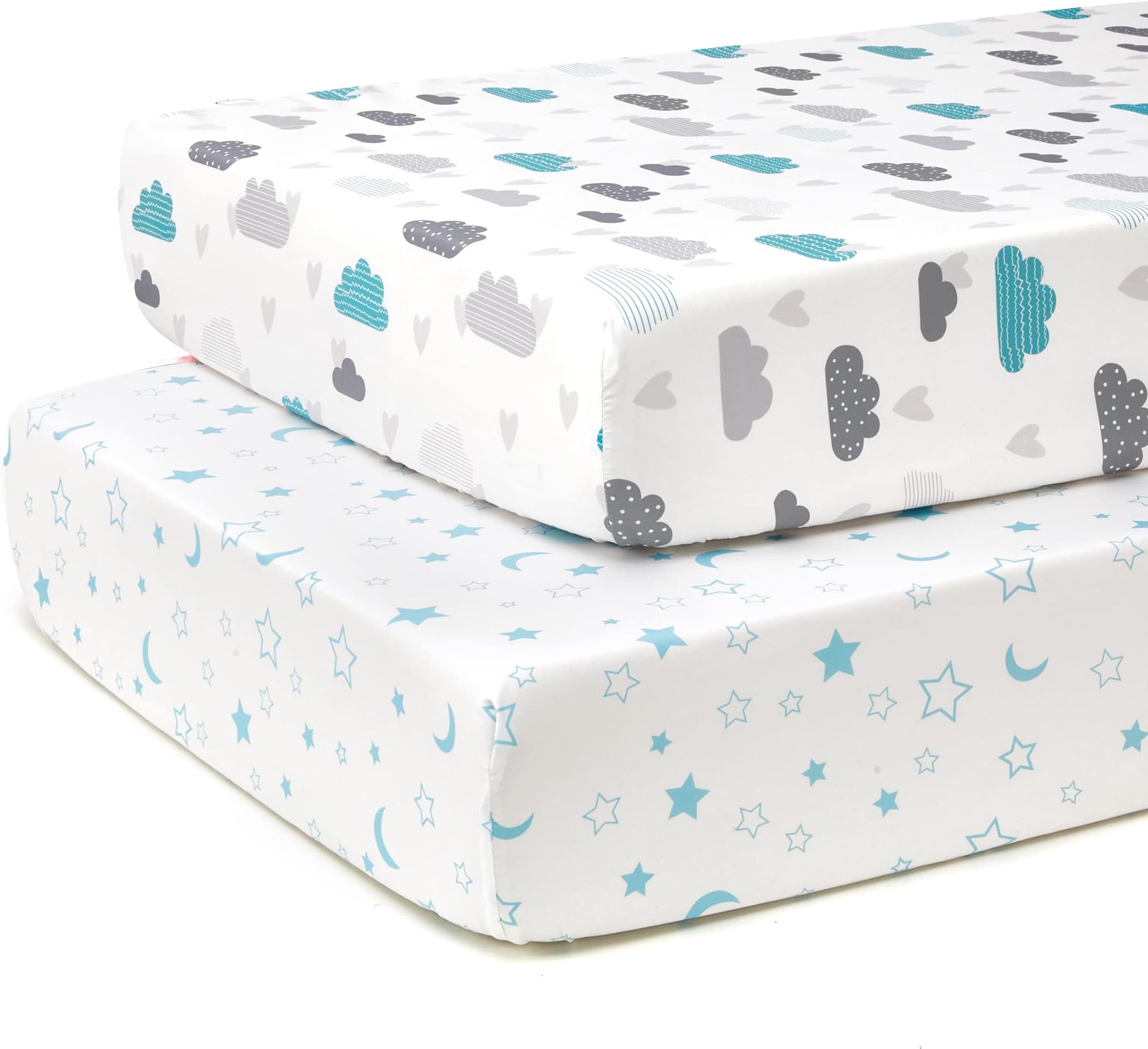 TILLYOU Baby Crib Sheets for Boys Girls, Super Soft Toddler Bed Sheets, 2 Pack Sheets for Standard Crib Mattress 28x52in, Blue Clouds and Stars