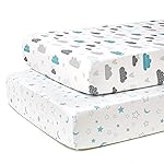 TILLYOU Baby Crib Sheets for Boys Girls, Super Soft Toddler Bed Sheets, 2 Pack Sheets for Standard Crib Mattress 28x52in, Blue Clouds and Stars