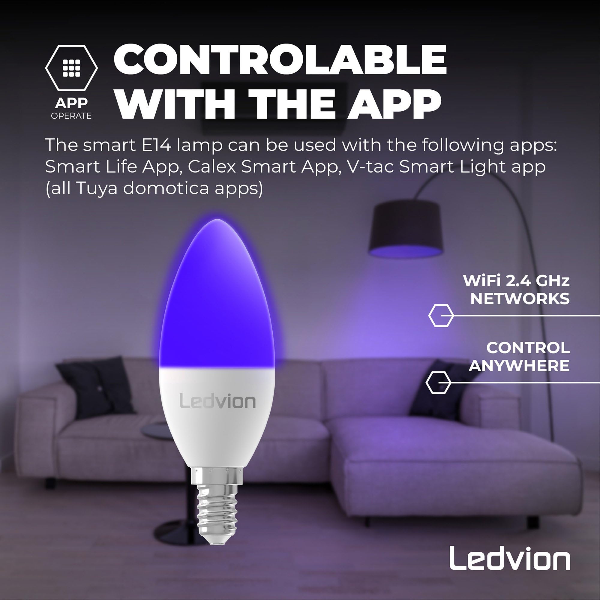 Ledvion 10x Smart RGB+CCT E14 LED lampe 5W Wi-Fi Beleuchtung Dimmbar 470Lm | Steuere Licht per App oder Sprache und nutze Szenen oder Zeitpläne für den Alltag zuhause