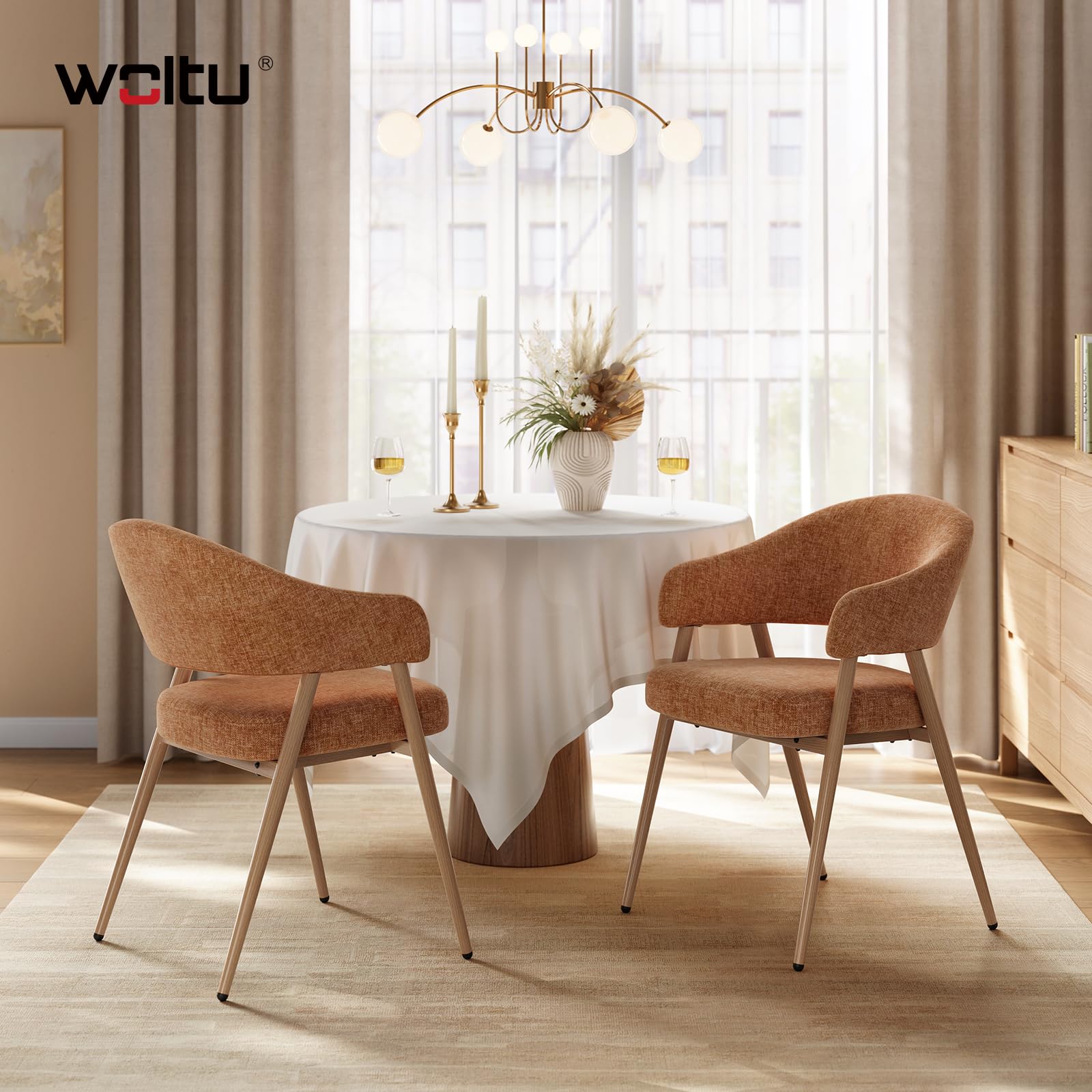 WOLTU Juego de 2 Sillas de Comedor Ergonómicas, Marrón Caramelo | Respaldo Ahuecado, Patas Ajustables, Asiento de Tejido de Chenilla, Patas Metálicas, para Comedor, Cocina, Salón y Dormitorio