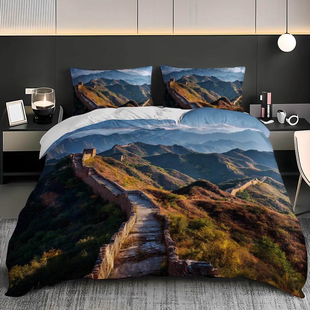 3-częściowy komplet pościeli z mikrofibry, z zamkiem błyskawicznym – poszewka na kołdrę 240 x 220 cm i 2 poszewki na poduszkę 80 x 80 cm, naturalny krajobraz, miękka, oddychająca poszewka na kołdrę