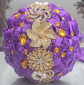 Sharebeauty 8.3 Inch Handmade Satin Rose Bridal Bouquet Toss Round Wedding Bouquet Throw Toss Artificial Flower Bunch Purple