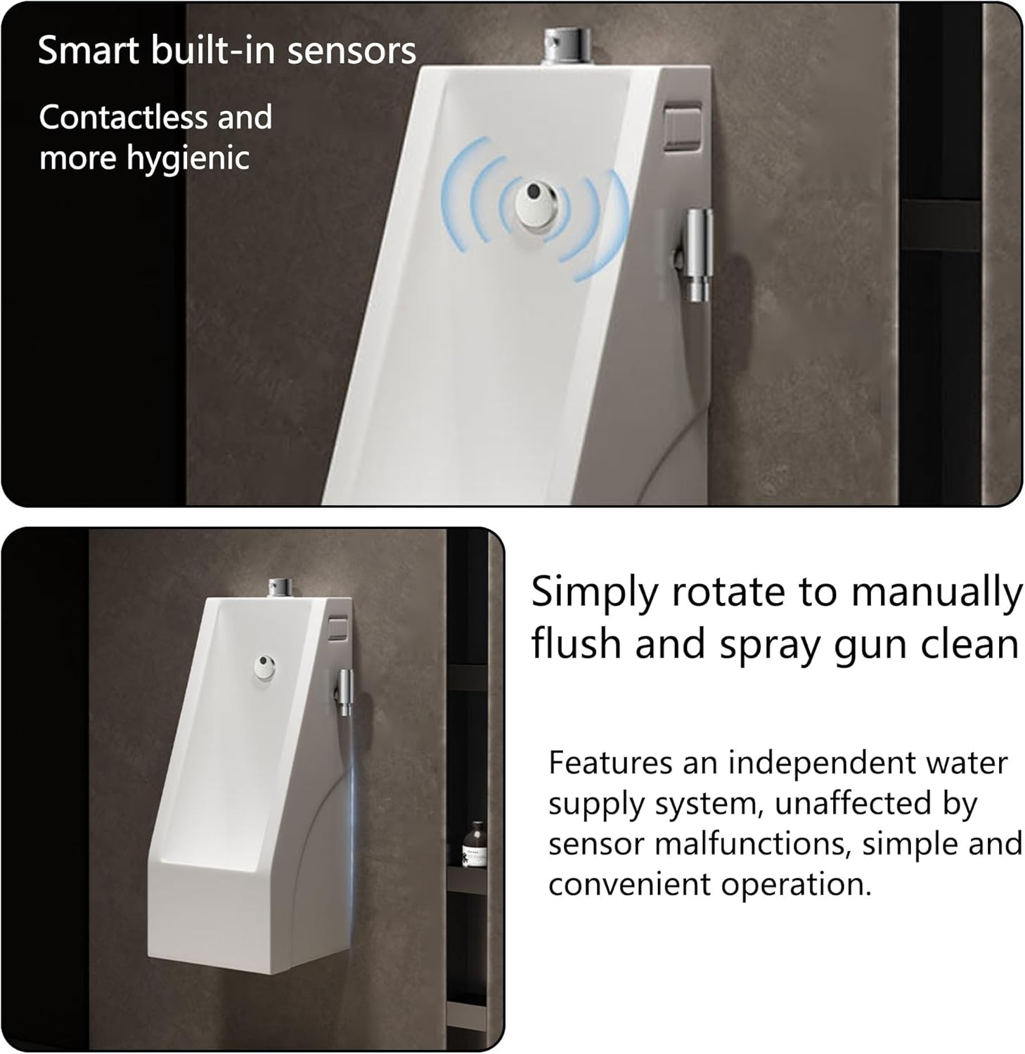 Ceramic Wall Mounted Urinal with Automatic Sensor Flush & Retractable Spray Gun, mens urinal for Commercial & Home Bathroom(White)