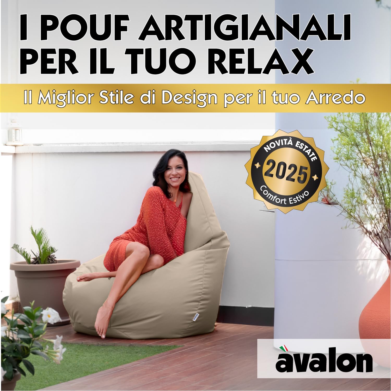 Avalon Pouf Poltrona Sacco da Esterno Grande L Samba 80x80x125cm Arancio Impermeabile Antistrappo