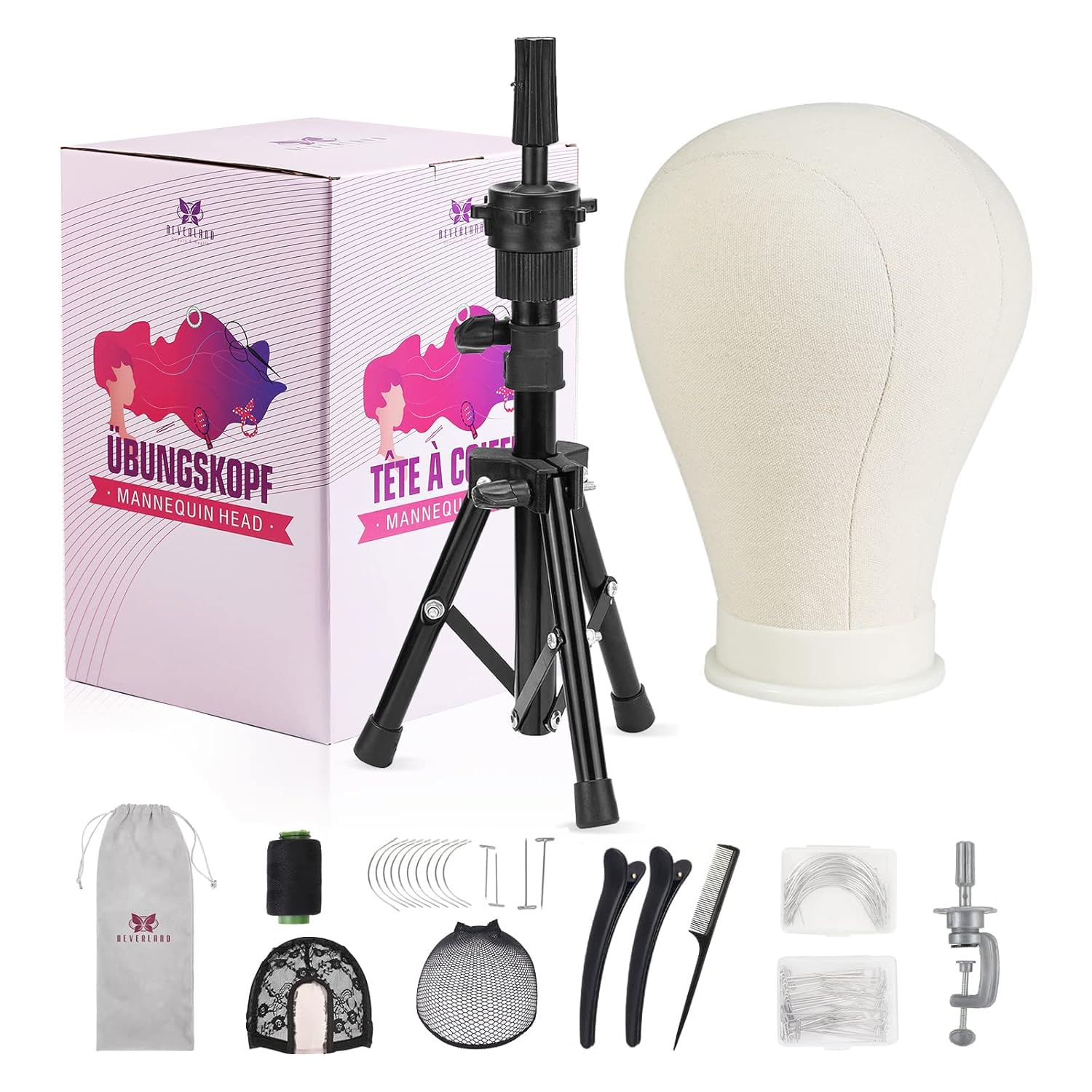 Neverland Beauty & Health 58 cm pruikkop, pruikkop met houder, maak een pruik met oefenhoofdhouder, tafelklem, T-pinnen, pruikkap