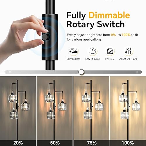 Miniatura 4 de Lámpara de pie de árbol negro con 3 pantallas de jaula de cristal y bombillas regulables, lámpara de pie vintage de 70 pulgadas para sala de estar,