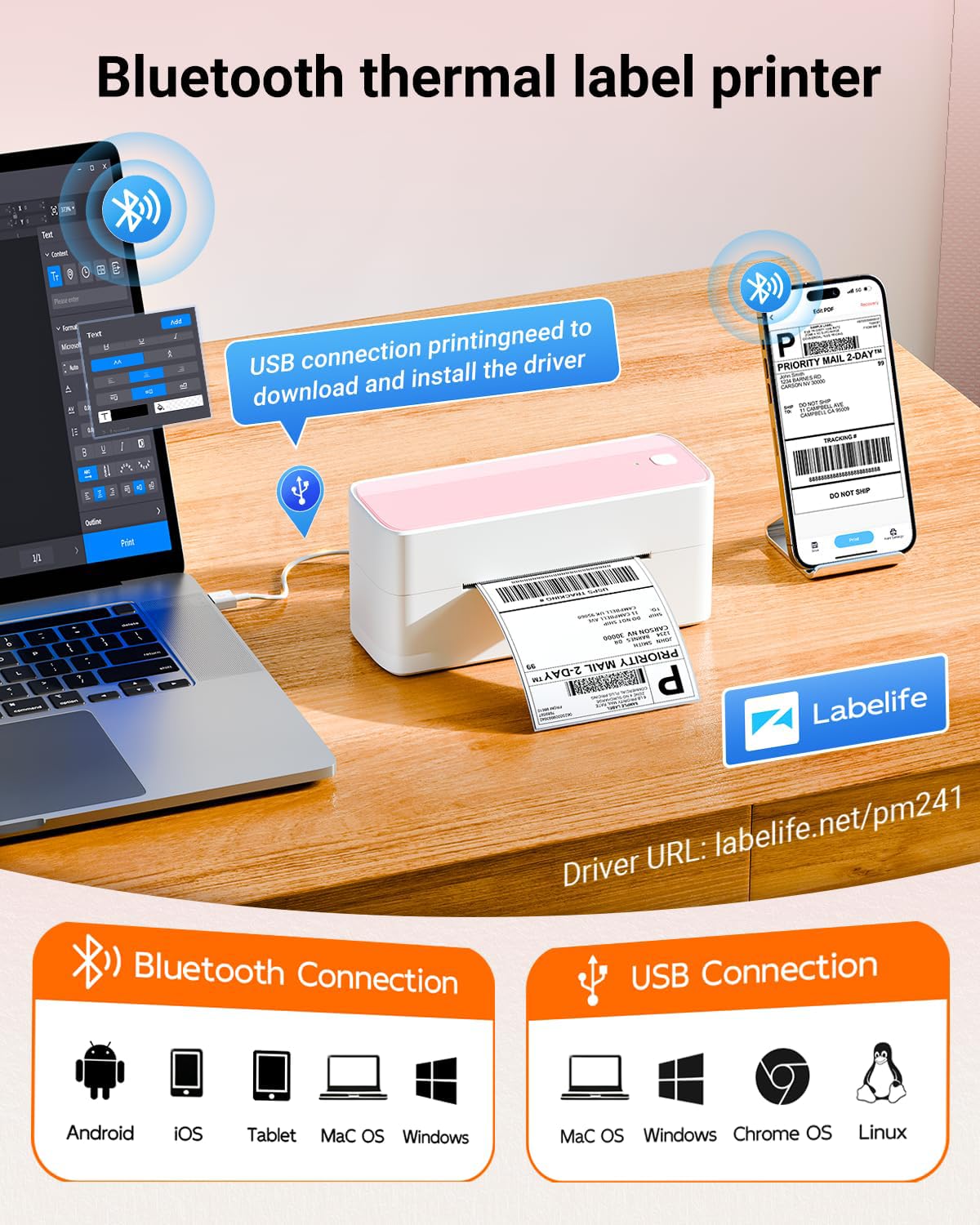Bluetooth Thermal Label Printer 4X6 - Wireless Shipping Label Printer for Small Business & Packages - Pink Thermal Label Printer Shipping Label Makers, Compatible with iPhone, USPS, Etsy, Amazon