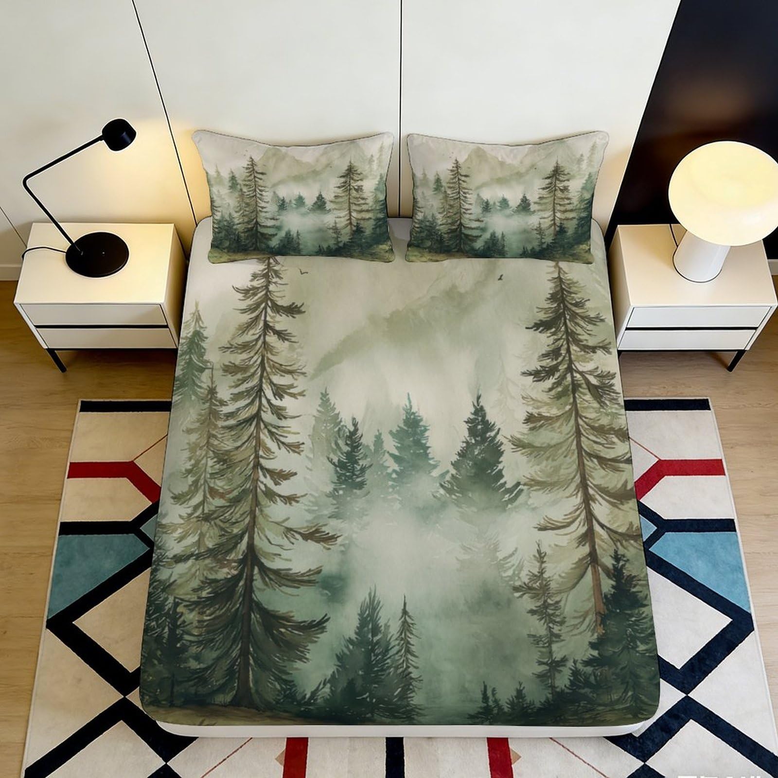 3D Printed Forest Landscape Fitted Sheet Microfiber Soft Breathable Misty Pines Mattress Cover for Bedroom Dormitory Guest Room Mattress Protection Decor 140x200x25cm