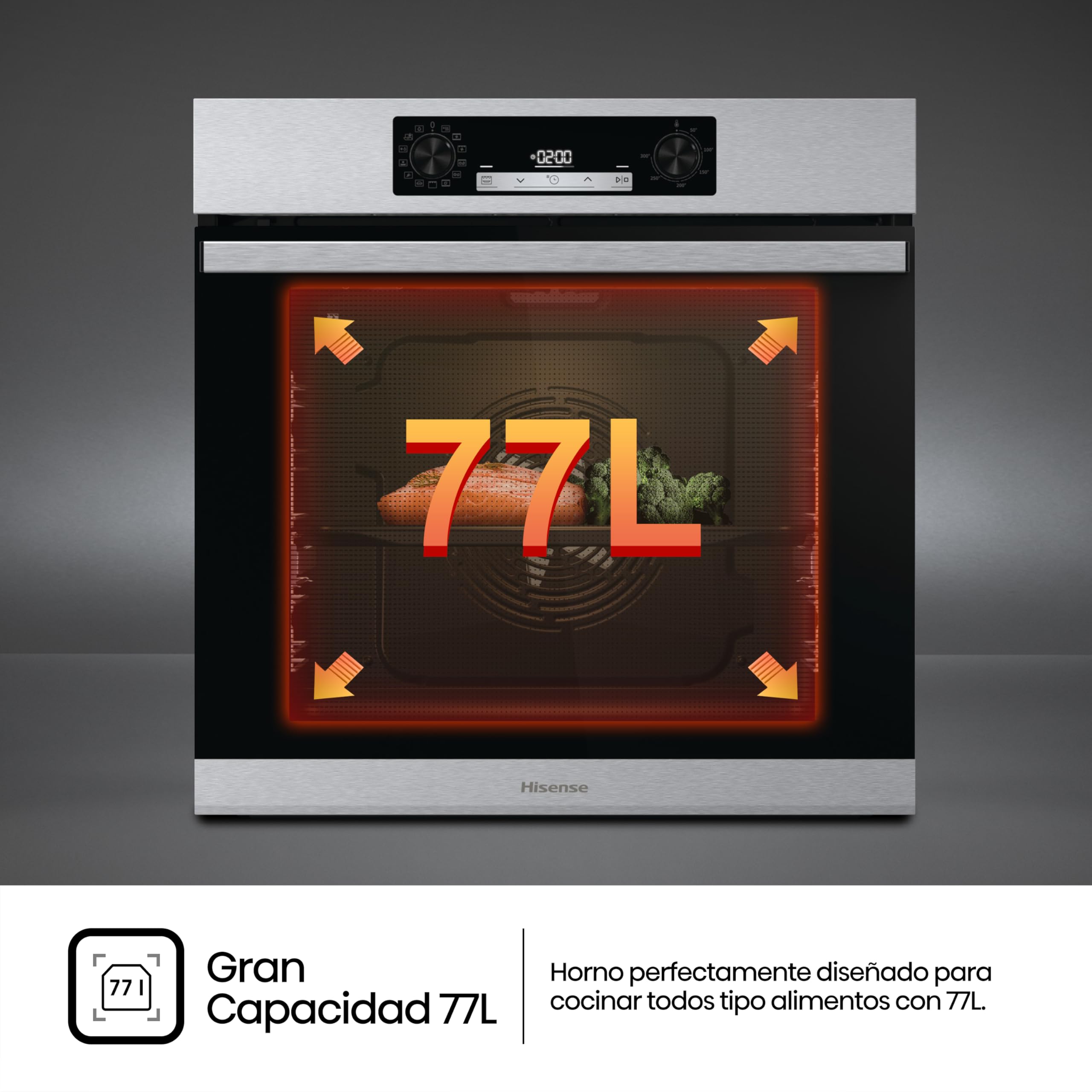 Hisense BSA65226AX Horno Multifunción con Vapor + Función Freidora de Aire sin Aceite, Gran Capacidad 77L,Cocción Simultanea 5 Niveles, ventilador XXL, Pizza mode 300º, Puertas removibles Inox
