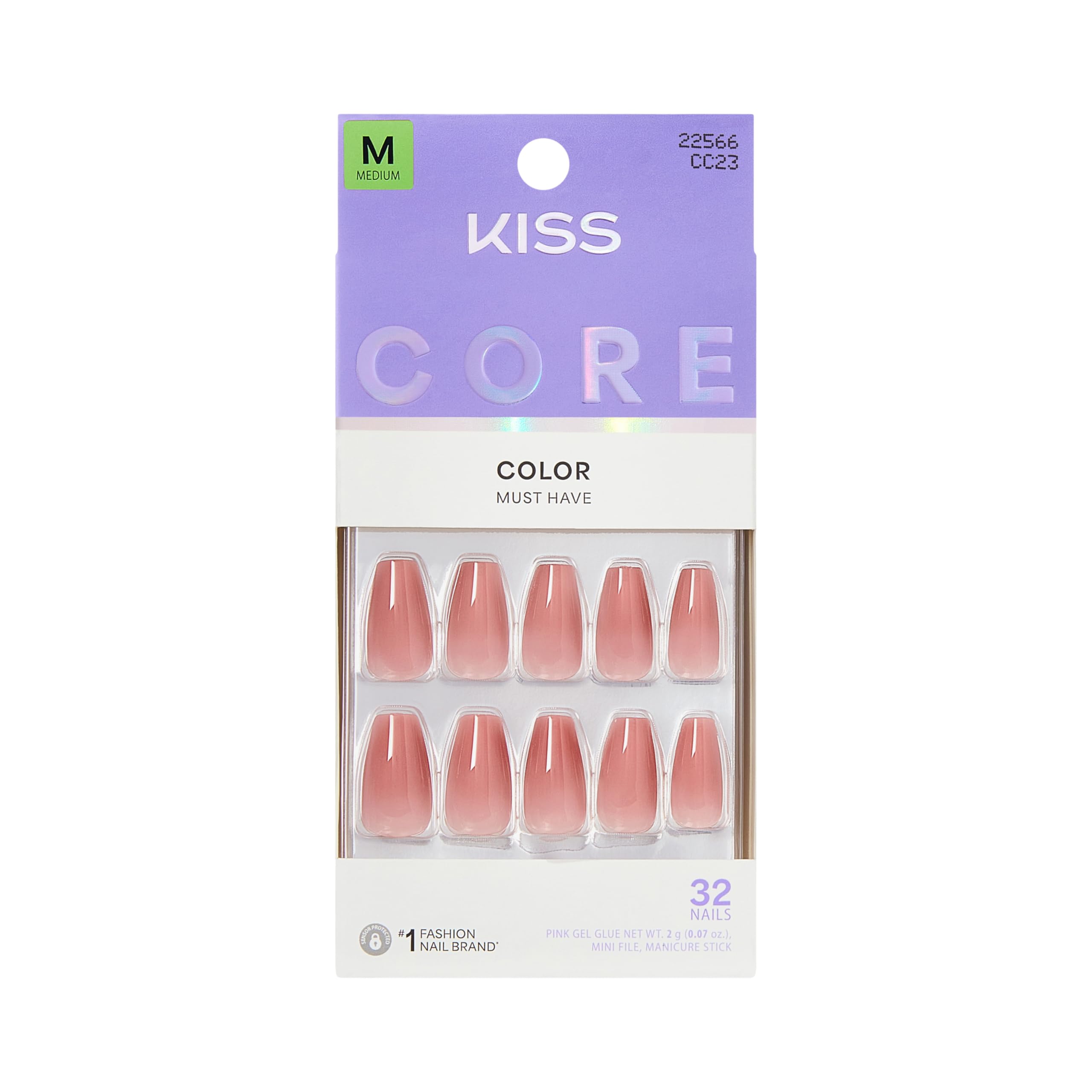 KISS CORE Color Press On Nails, ‘Jubilation’, Pink, Medium Coffin, 32 Count