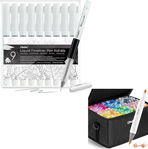 Ohuhu Bolígrafos fineliner líquidos, 9 tamaños, pigmento, tinta negra, microbolígrafos para bocetos, marcadores de alcohol, 216 colores, pincel y