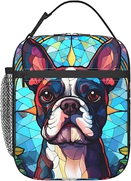 Boston Terrier Stained Dog Breed Glass Art Insulated Lunch Box For Women Man, Portable Lunch Bag Reusable Cooler Tote For Office Work Travel Picnic Camping Beach