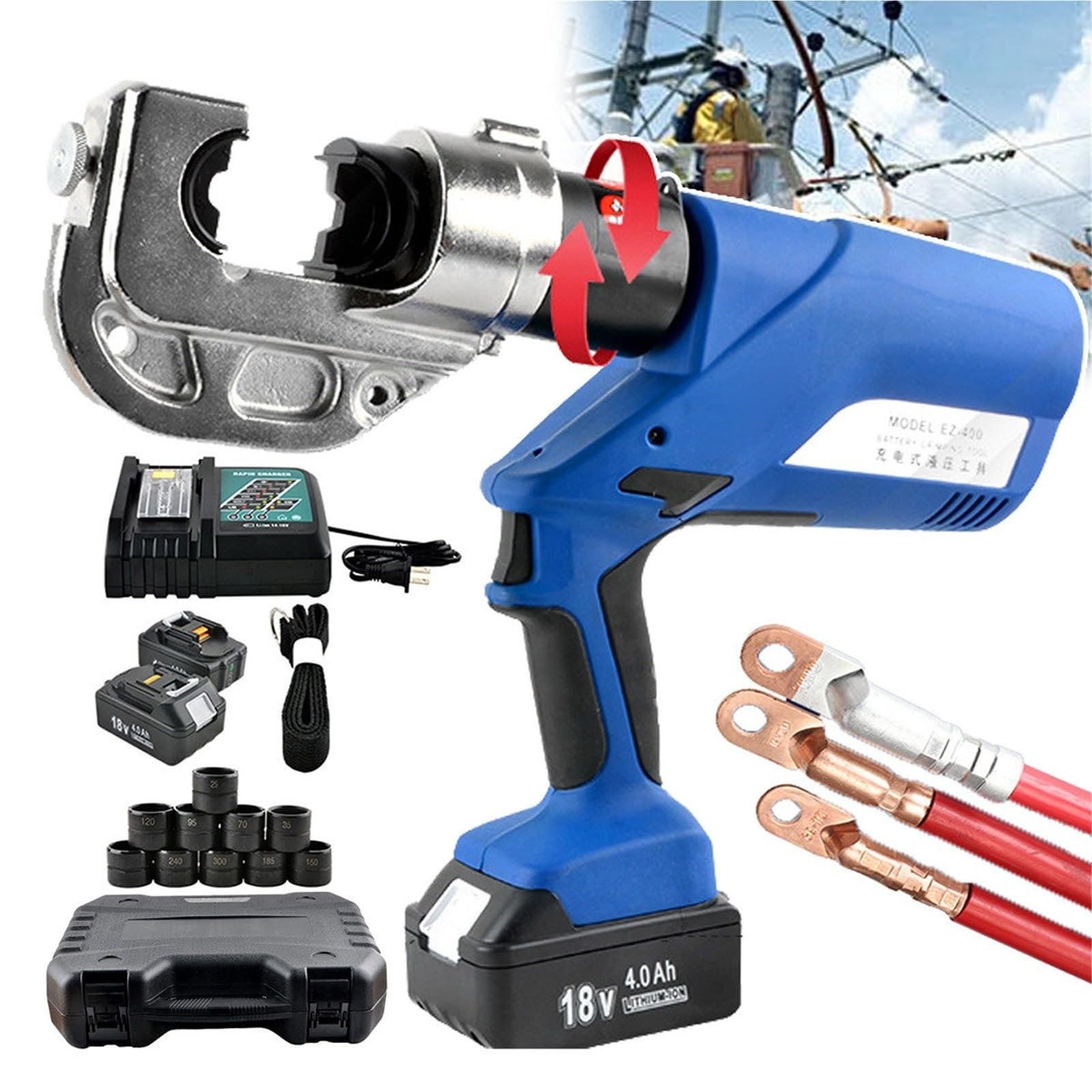 Herramienta de Crimpado Hidraulica Electrica 18V - 16-400mm² con 2 Baterias para Terminales Cobre Aluminio - Pantalla Digital - Rotacion 360 - LED - Prensado Rapido 6-18s