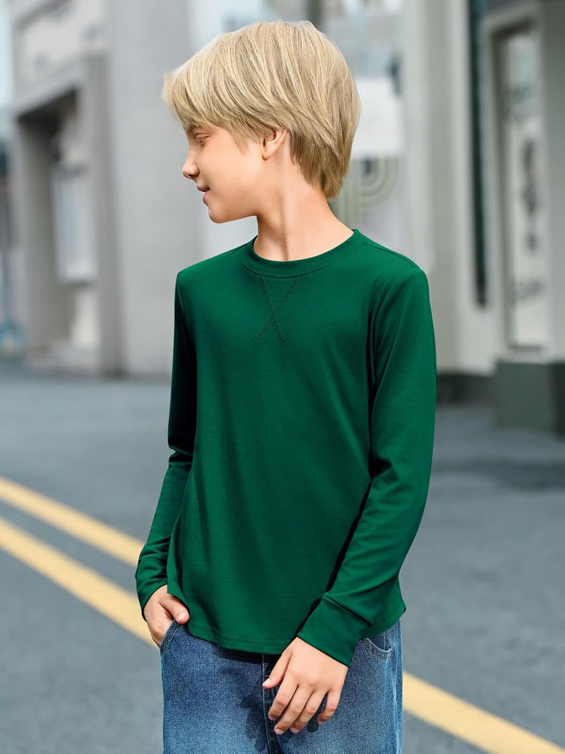 Haloumoning Boys Long Sleeve Shirts Kids Casual Crewneck Fall Tops Curve Hem Basic Tees 5-14Y - Image 3