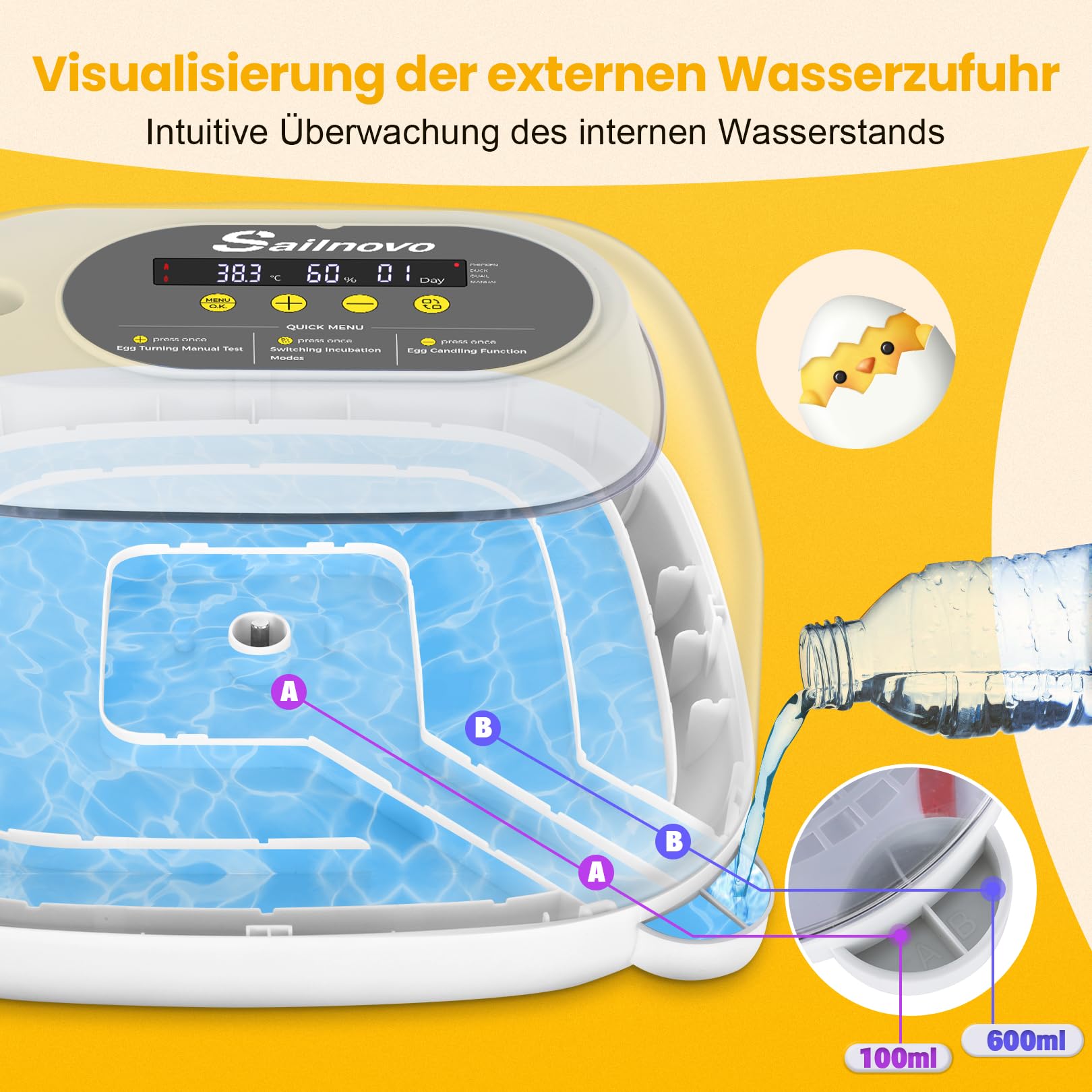 Incubadora Sailnovo para 24 Huevos con 4 Modos, Incubadora de Huevos con Volteo Automático y Monitor de Humedad, Lámpara de Huevo, Incubadora Huevos Gallina Vista 360° con Ventana Transparente, Gris