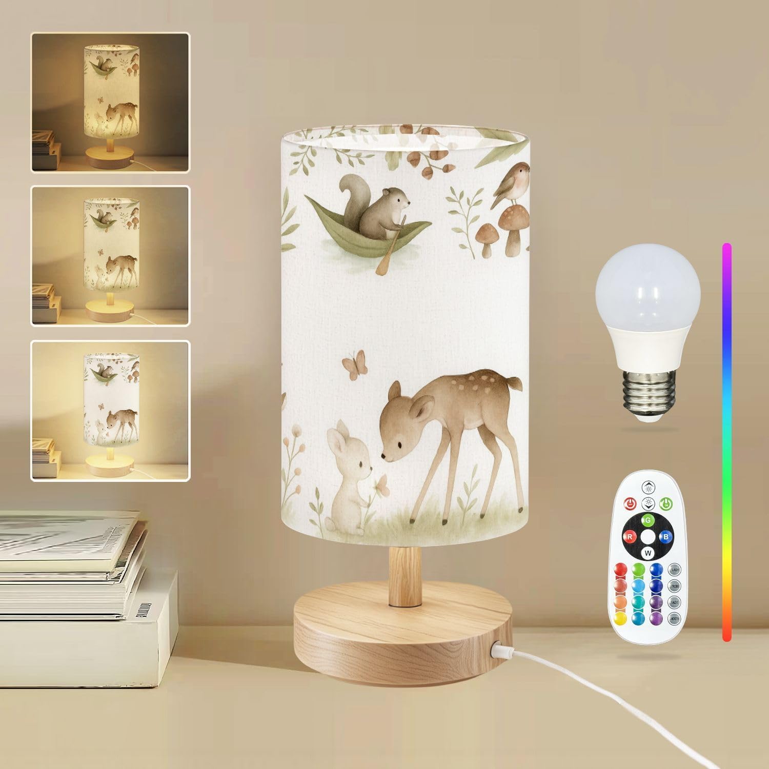 Round Table Lamp for Bedroom Woodland Animals Watercolor Forest Baby Beside Lamps Desk lamp with Wood Base Nightstand Lamps for Nursery Living Room Home Decor