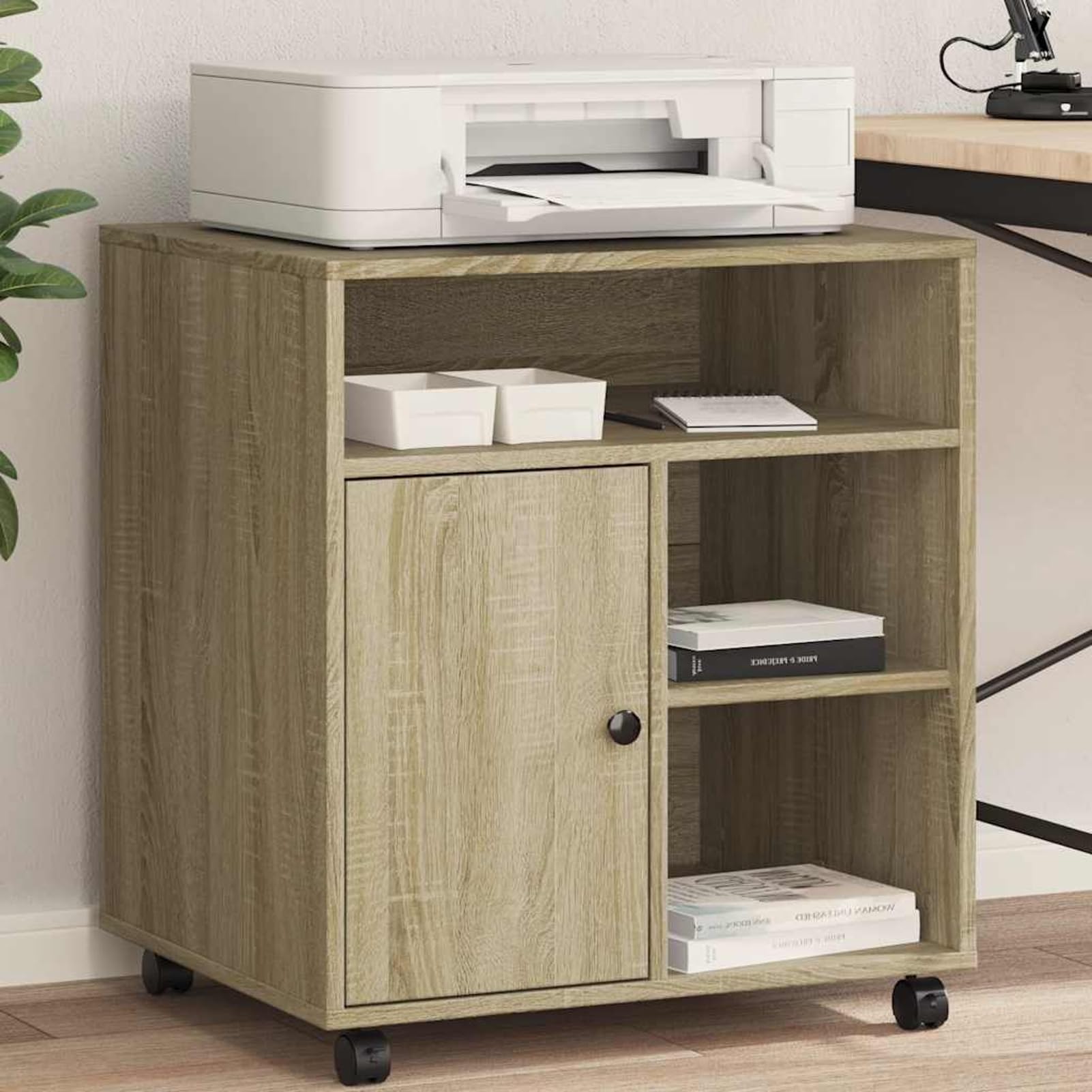 Homgoday Druckerständer mit Rollen, Mobiler Druckerständer, Druckerhalter, Druckerwagen, Druckerregal Bürocontainer, Aktenwagen für Büro Arbeitszimmer Sonoma-Eiche 60x50x67 cm