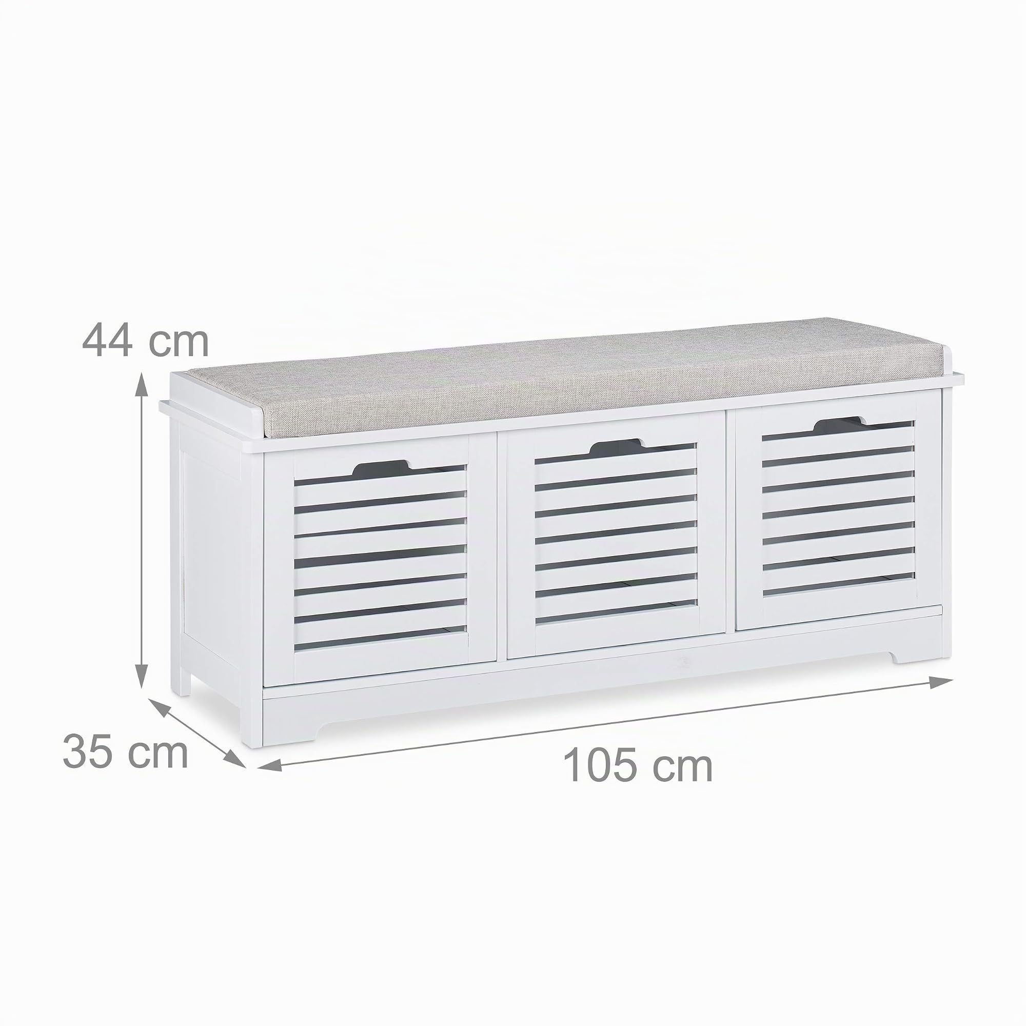 Relaxdays Banco Almacenamiento con 3 Cajones y Cojín, Recibidor, Cocina, DM-Poliéster, 1 Ud., 44 x 105 x 35 cm, Blanco