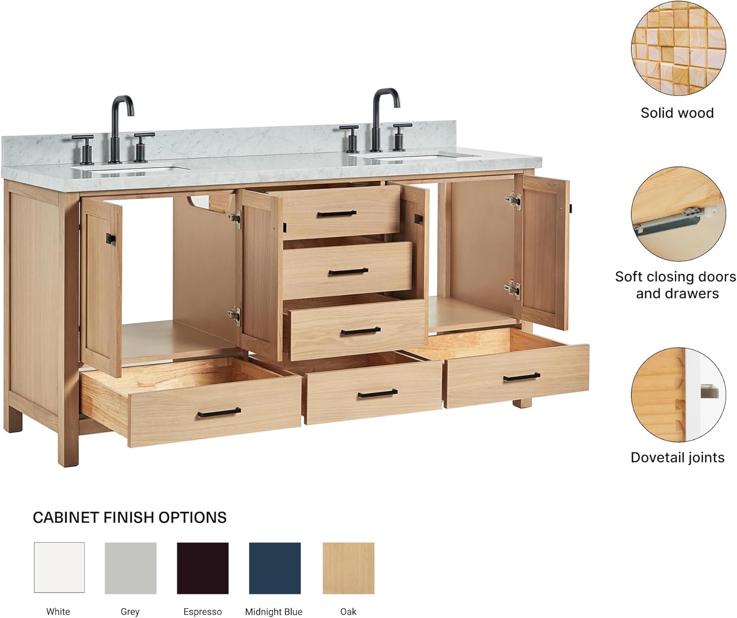 ARIEL Cambridge 72-inch Bathroom Vanity with Sink,Solid Wood, 1.5-inch Italian Carrara Marble Countertop, Double Rectangular Porcelain Sink, 4 Soft Closing Doors, 6 Dovetail Drawers, White Oak