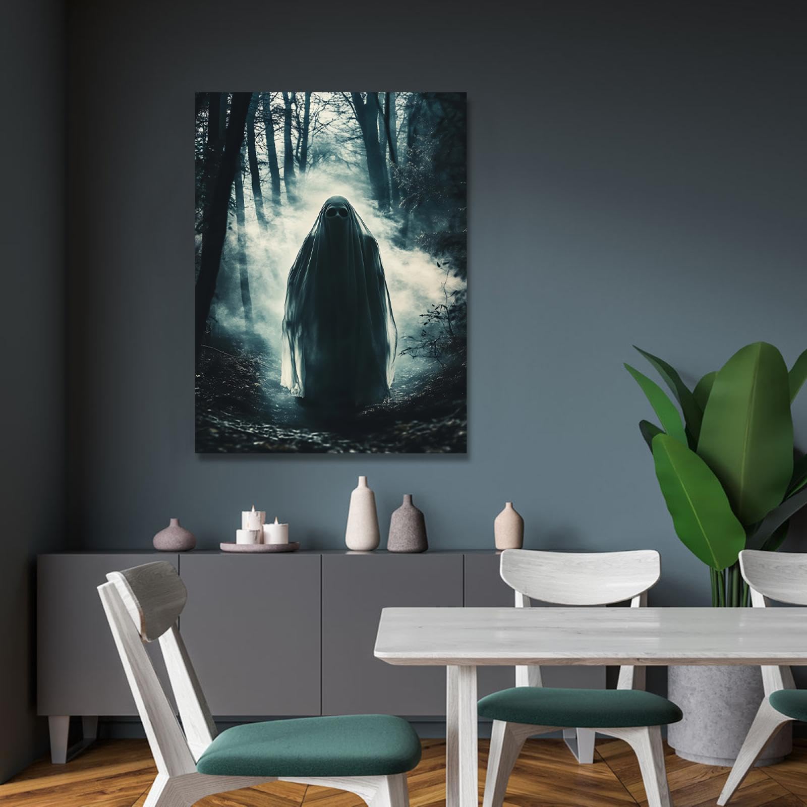 Via Vela Rétro horreur Style Toile Impression d’art murale Nuageux Mystérieux Forêt Crâne Motif Affiche Peinture Oeuvre pour Buanderie Décor 30x45cm Cadre intérieur
