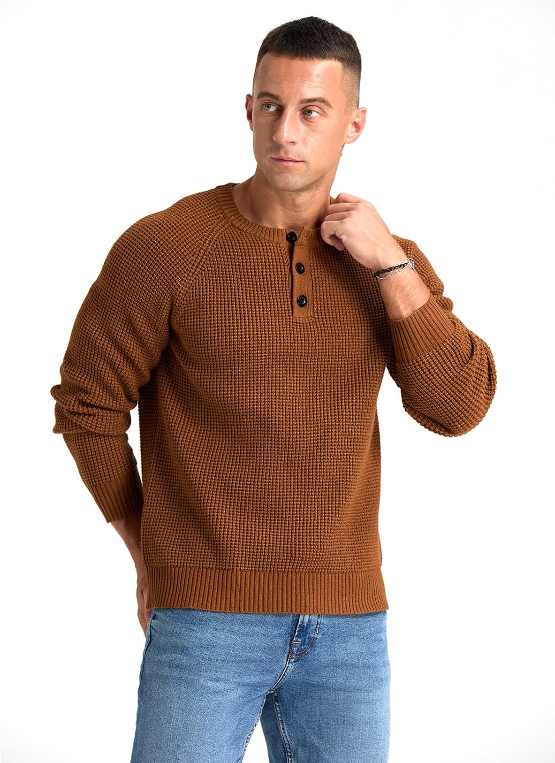 RQP Men's Henley Sweater Long Sleeve Button Crewneck Sweater Knit Sweater Casual Waffle Texture Pullover Sweater - Image 3