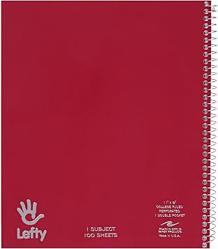 ROARING SPRING Lefty Spiral Notebook, Left-Handed One Subject Notebook, 11" x 9", 100 Sheets, College-Ruled, Perforated, Assorted Saranac Covers, Made in USA