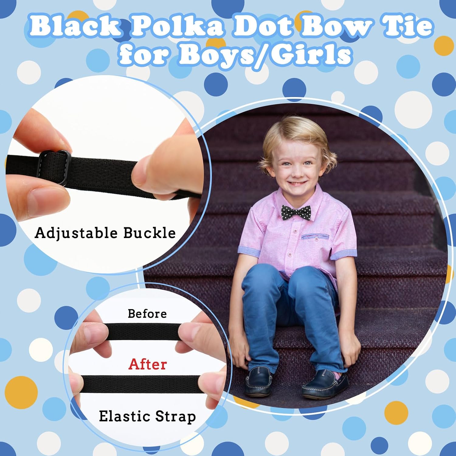 LJBFNN Boys & Girls Pre-tied Adjustable Bow Ties - Black Polka Dot, Wedding & School Party