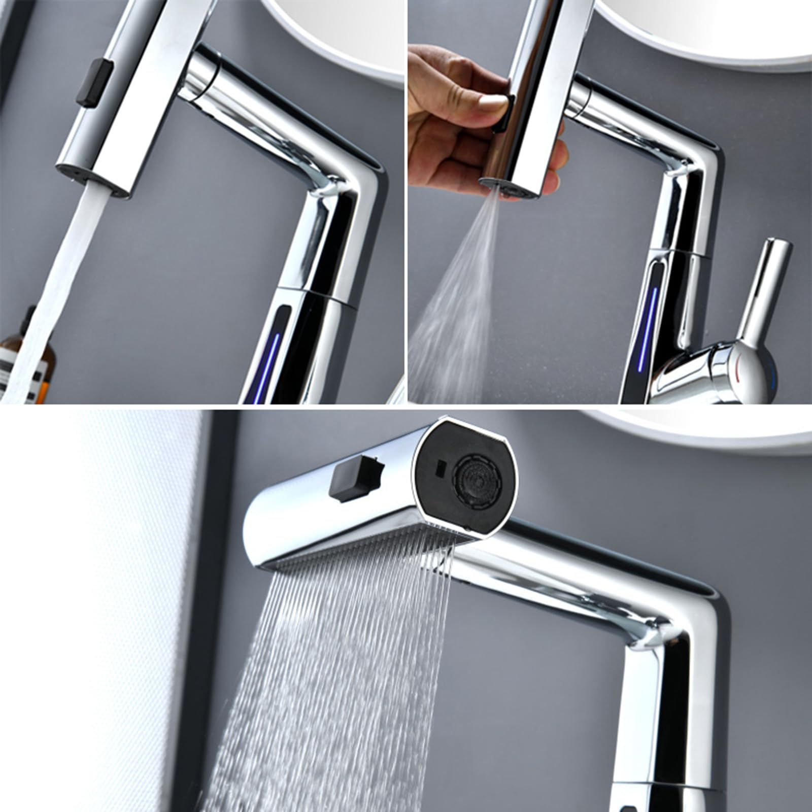 Generico Rubinetto da Bagno Rubinetto per Lavabo con Doccetta Estraibile Cascata Miscelatore per Lavabo Girevole 360° Miscelatore per Lavabo da Bagno con Display Digitale Grigio Canna di Fucile