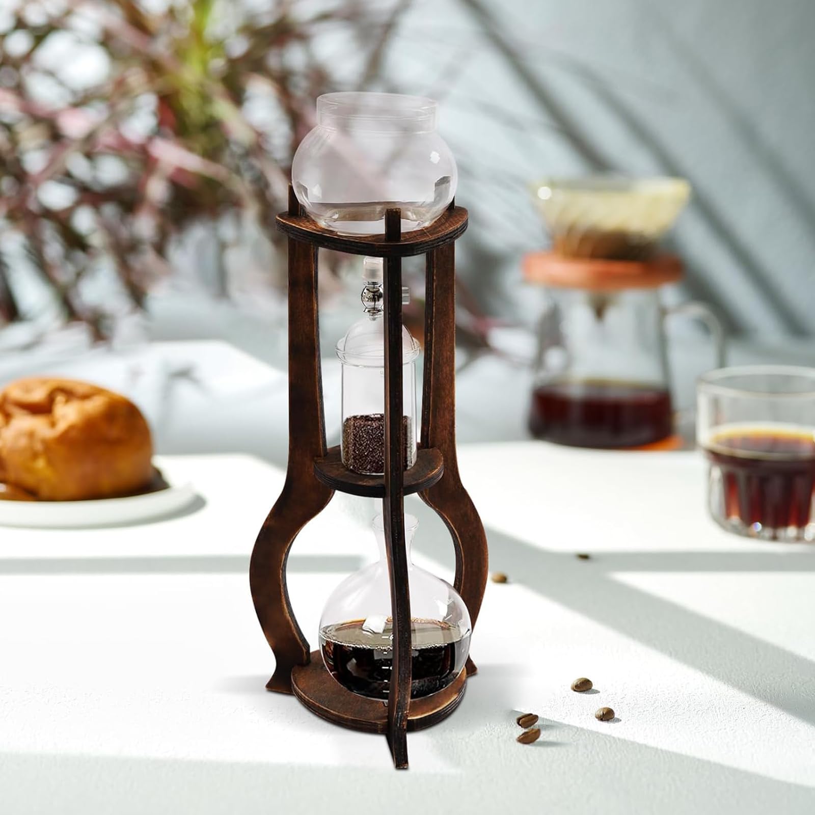 Kawiarka Przelewowa Do Kawy Mrożonej Cold Brew, Ręczny Ekspres Do Kawy Na 6–8 Filiżanek Z Regulowanym Zaworem, Solidna Drewniana Rama, Gęsty Filtr, Szkło Borokrzemianowe Do Użytku Domowego