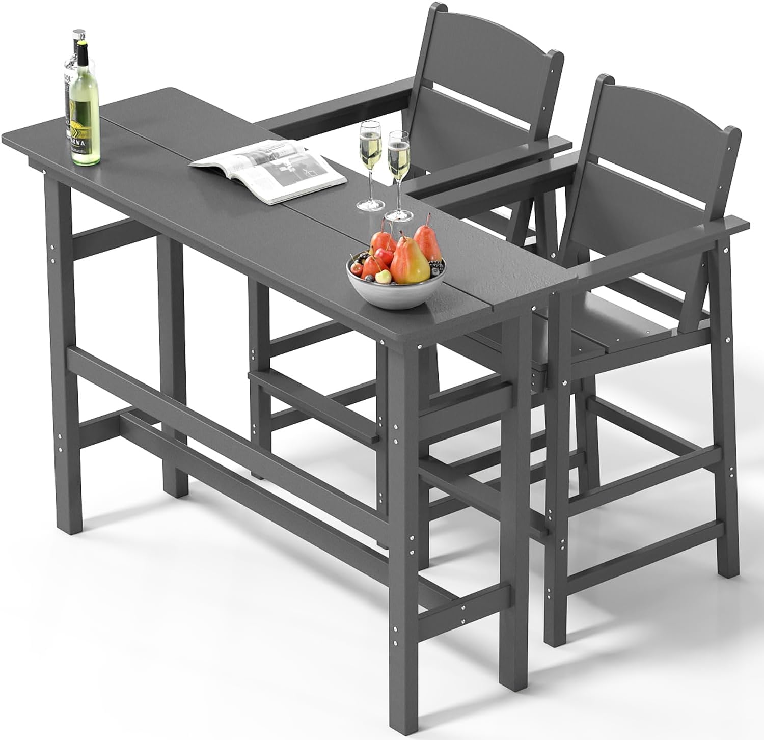 NAVINE Bar Height Patio Table and Chairs Set, 3-Piece HDPE Outdoor Adirondack Bar Chairs and Patio Table, All-Weather Patio Furniture for Poolside, Backyard, Garden, High Top Patio Bar Set, Grey
