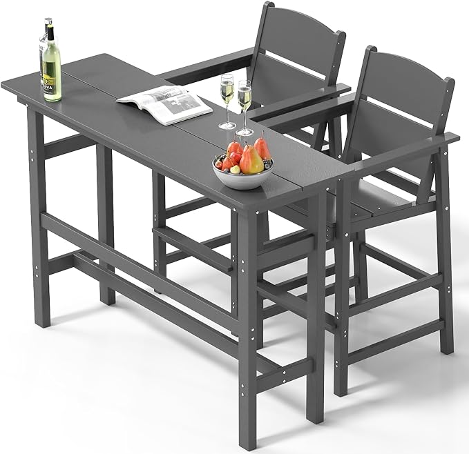 Bar Height Patio Table and Chairs Set, HDPE Outdoor Adirondack Bar Chairs and Patio Table, All-Weather Patio Furniture for Poolside, Backyard, Garden, High Top Patio Bar Set (Grey, 3-Piece)
