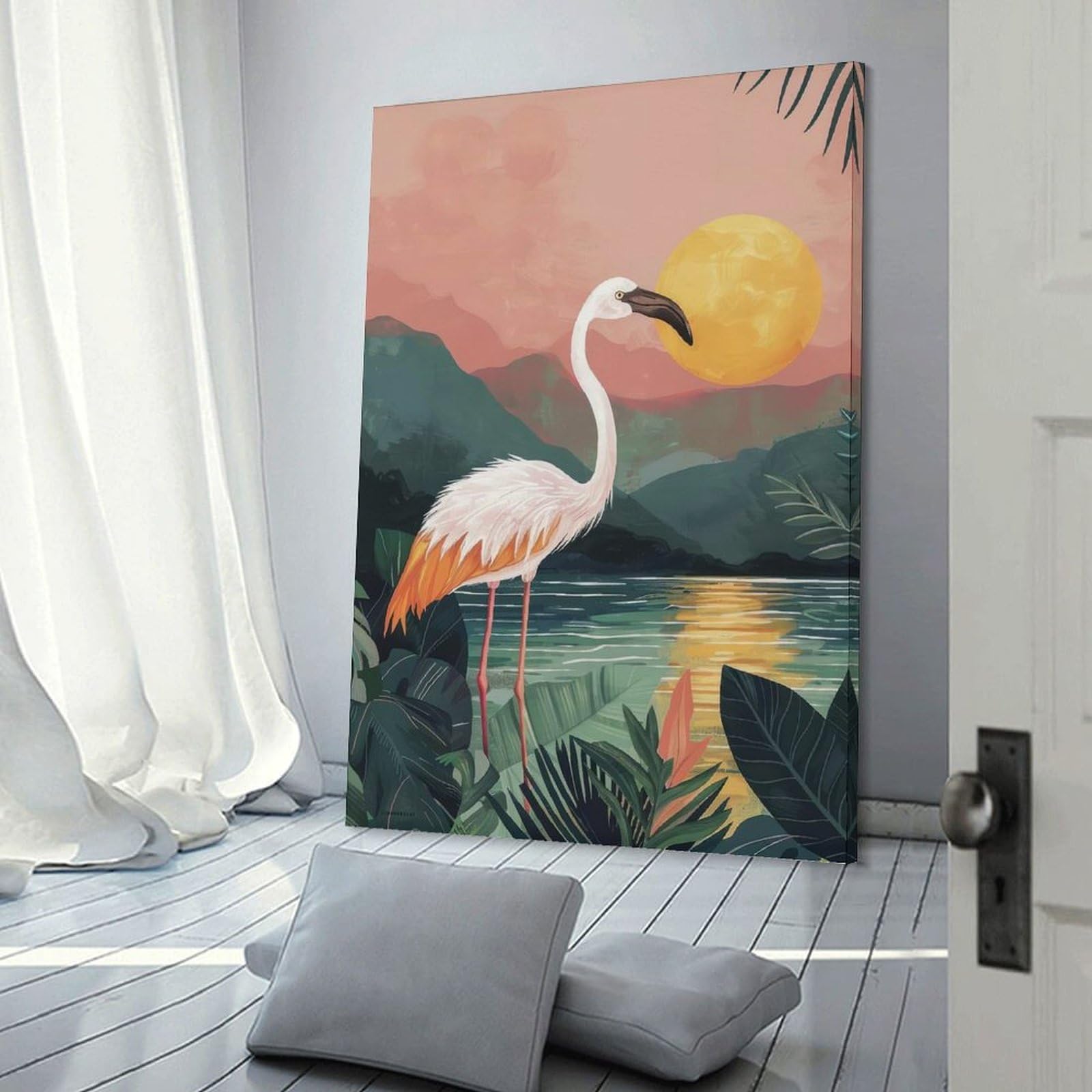 Junmoney Frame-Style-4 Pink Flamingo Sunset Wall Decor Canvas Print, 20X30inch(50X75cm), For Flats, Guest Rooms Or Compact Rooms, A Simple Refresh For Blank Walls