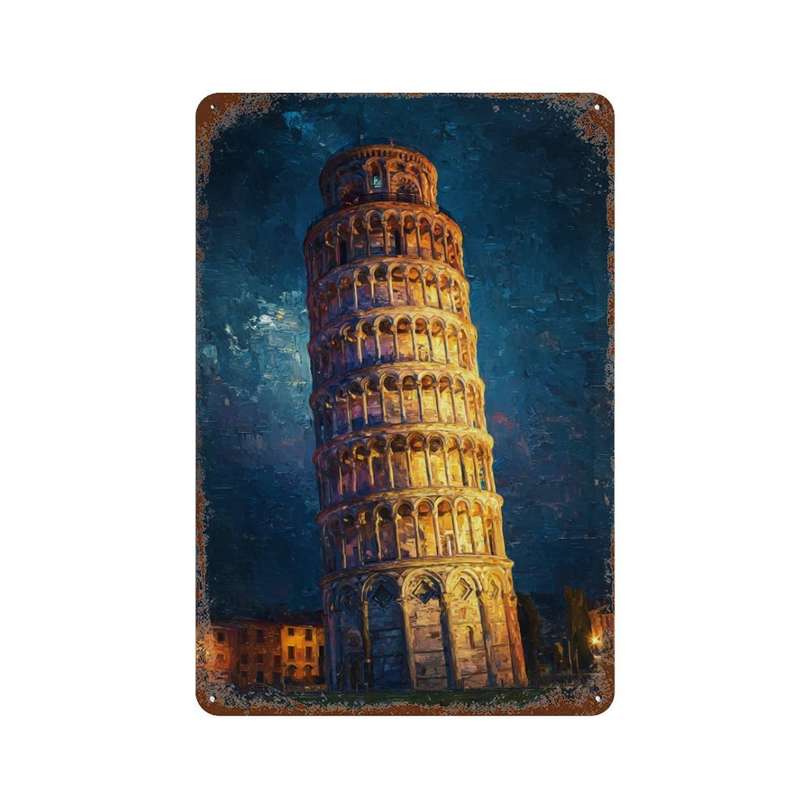 Garage Style Leaning Tower of Pisa Night View Vintage Rust Metal Sign 11.8"x7.9", Novelty Wall Decor for Bar And Workshop