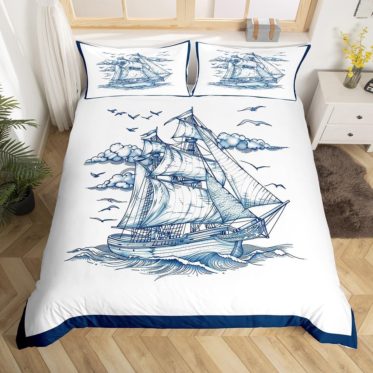 jejeloiu Kids Nautical Bedding Set Toddler Size, Anchor Duvet Cover Boys Girls Lighthouse Comforter Cover for Compass Teens Bedroom Decor Zipper (No Comforter)