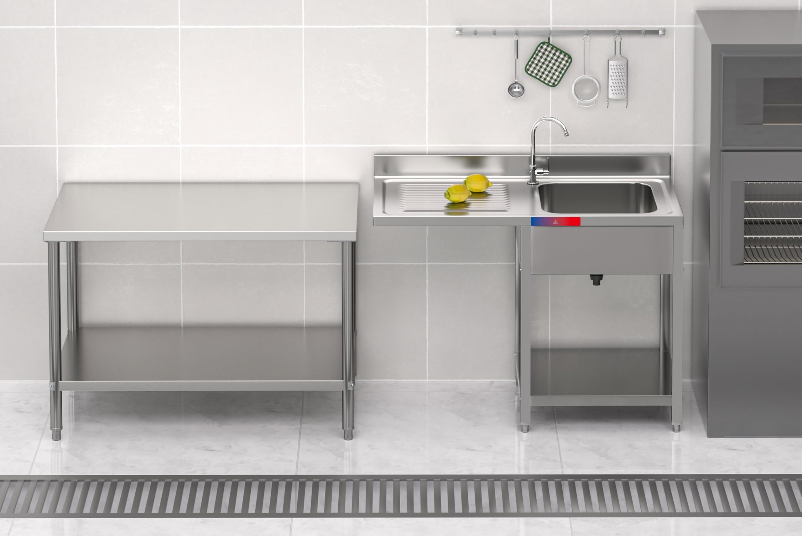 Fregadero Industrial con Hueco para Lavavasos en Acero Inoxidable, 1 Seno + Escurridor, 120x60x85cm, Balda inferior, Peto y Patas Regulables (Sin Grifo, Seno Derecha)