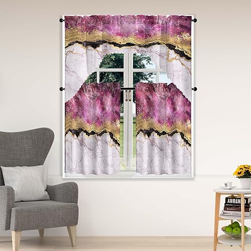 Cortina, cenefa de mármol rosa oscuro y 2 niveles, cocina, 3 piezas, bolsillo para barra, 52 x 36 pulgadas, 100% poliéster, apagón, patrón de arte