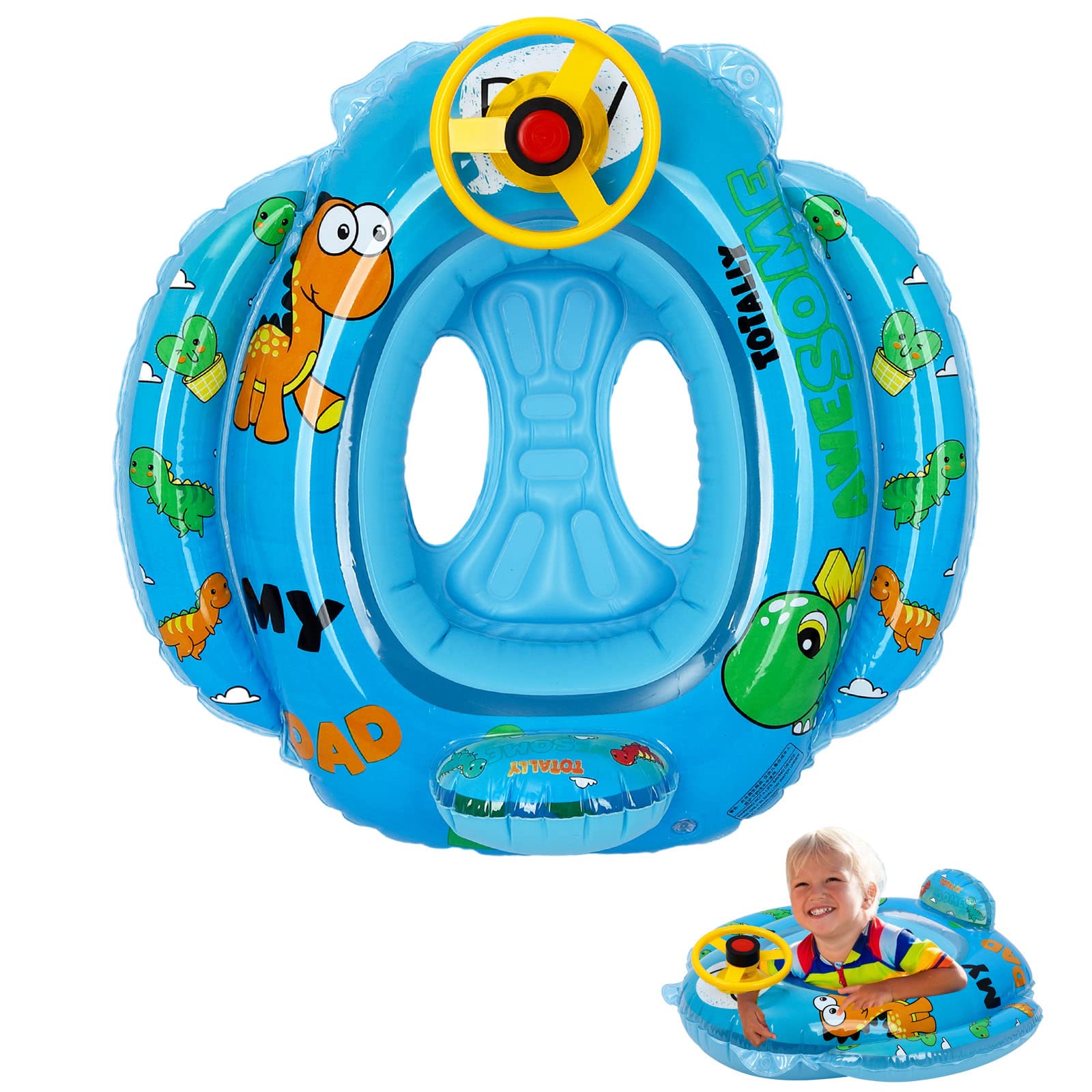 Toyhood Inflatable Baby Swimming Float with Steering Wheel and Horn, Cute Baby Float Swim Pool Float Boat Trainer Seat Inflatable Swim Rings, Summer Outdoor Water Float, for 1-5 Year Old (Green-A)