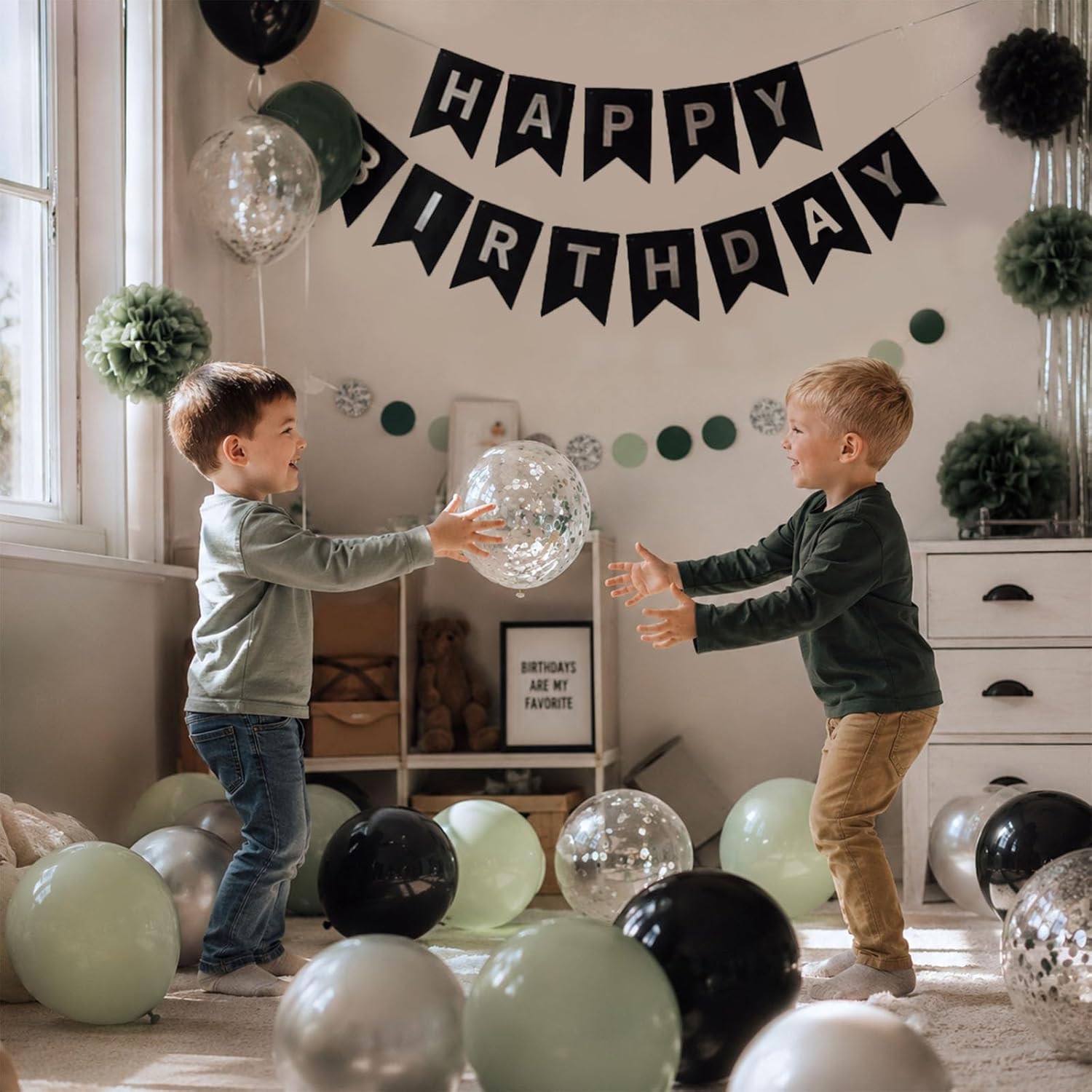 ANSOMO Sage Green and Black Happy Birthday Party Decorations Men Boys Him | Banner, Balloons, Foil Curtain Garland, Tissue Pom Poms, 30th 40th 50th 60th 70th 80th 90th 100th Gift Decor Supplies