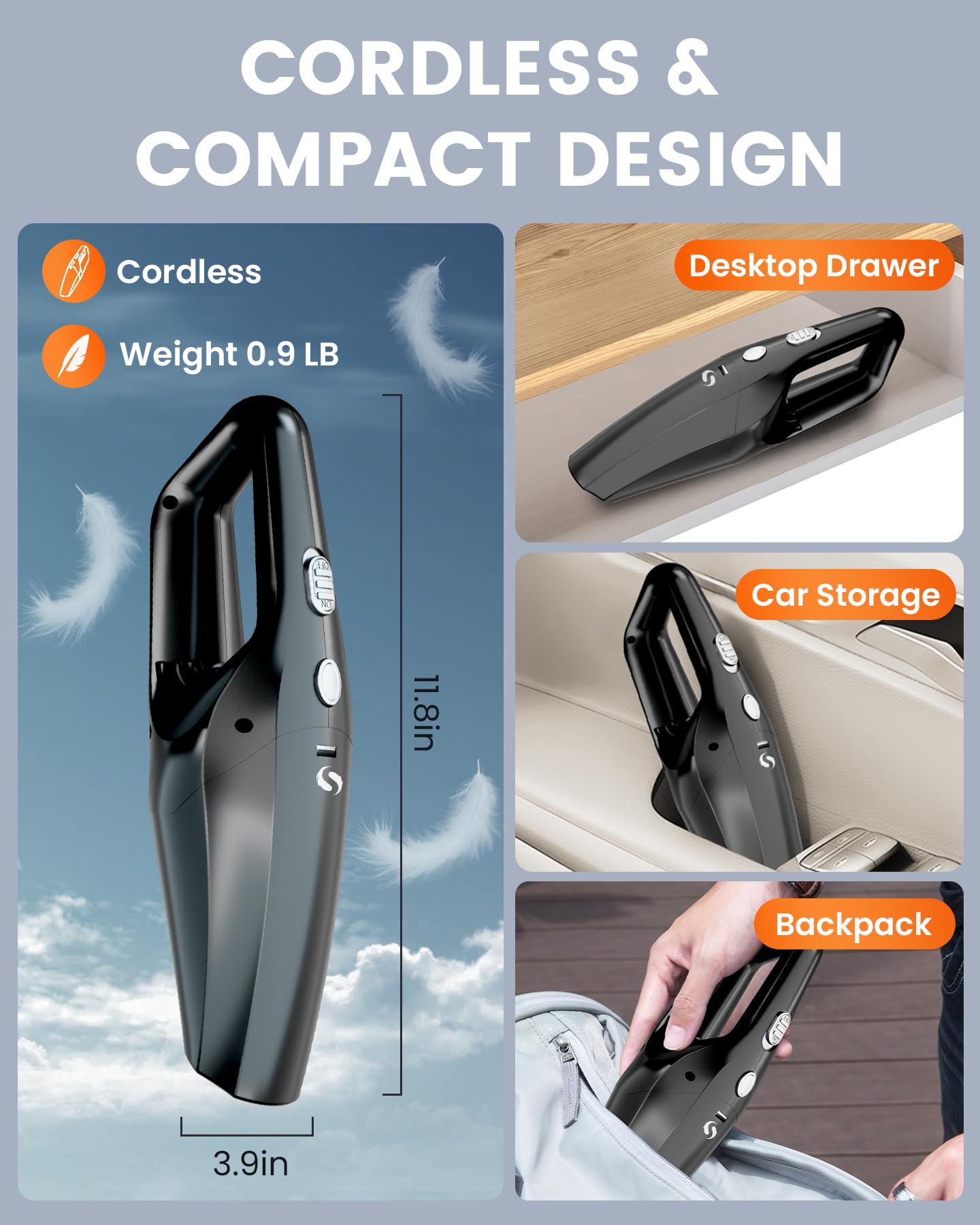 Aspirador Coche Recargable, Aspirador De Mano Potente, Aspiradora De Mano Sin Cable Pare Filtro HEPA, Mini Aspiradora para Hombres y Mujeres, Accesorios para Limpieza Interior