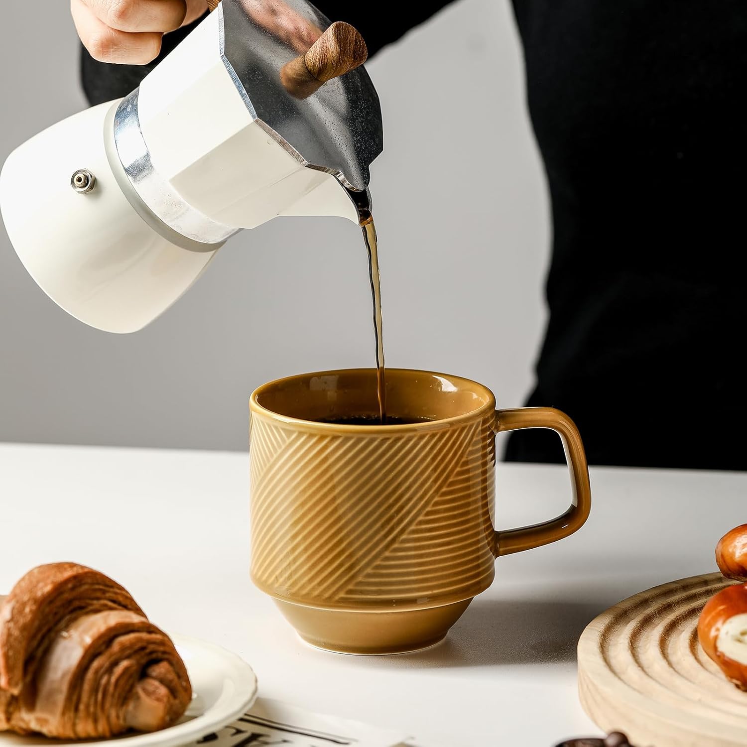 Stackable Coffee Mugs with Rack: 13 oz Stacking Ceramic Cups with Stand - Porcelain Stacked Tea Mug Set of 4(Mustard Yellow)