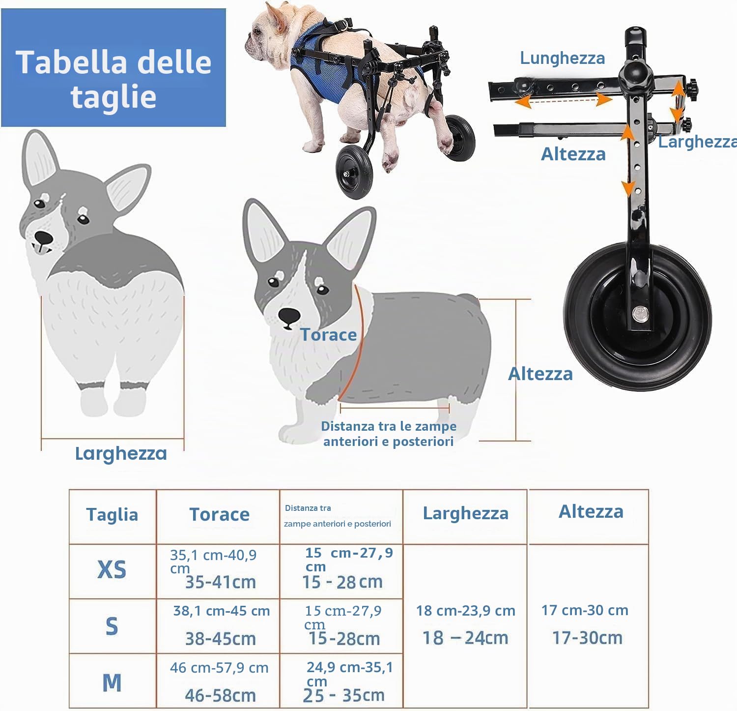 Sedia a rotelle per cani, cane disabile, carrello di assistenza per cani disabili, carrello per cani, leggero, taglia regolabile, adatto per cani di piccola e media taglia (modello) (blu-S)